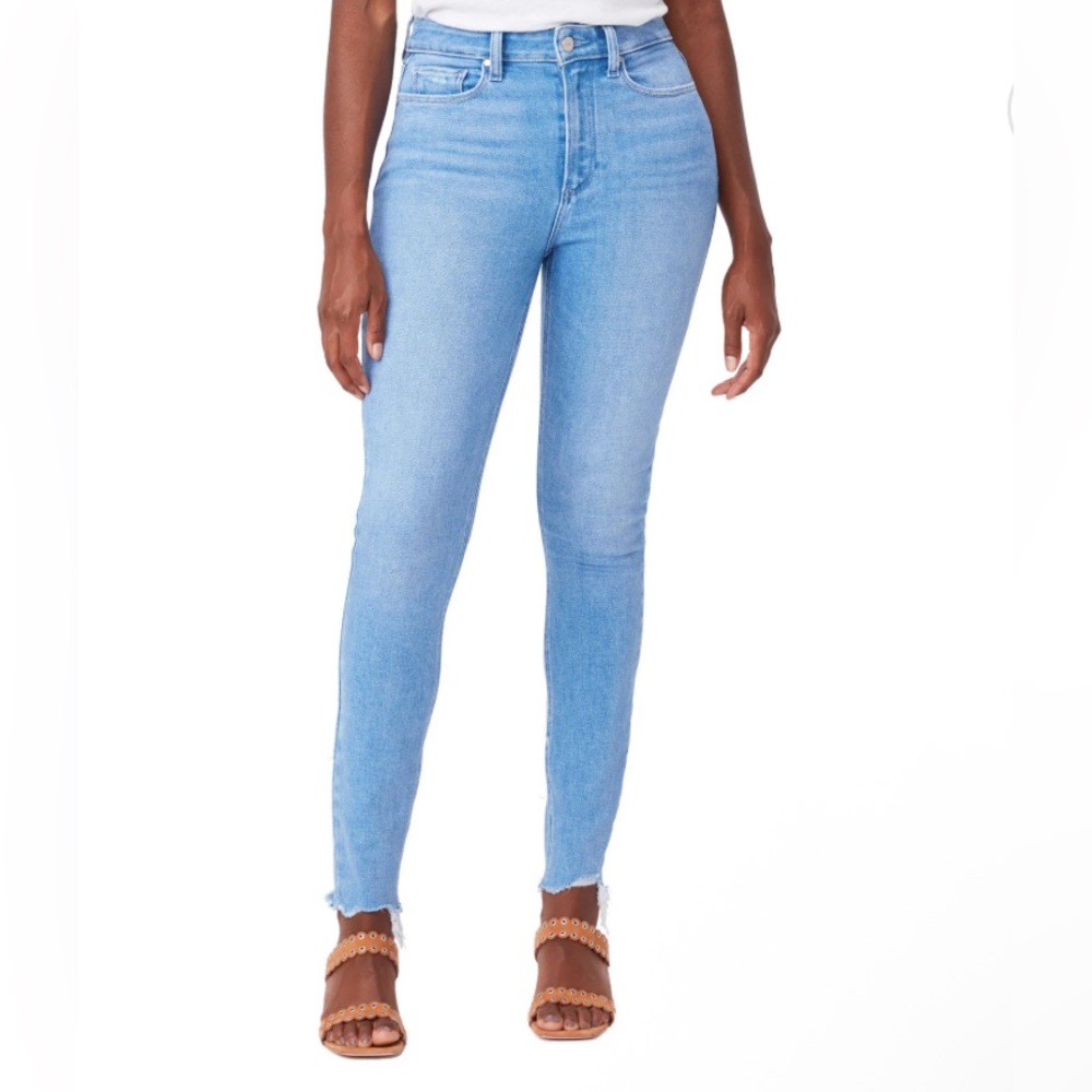Paige Bombshell ankle skinny in sky touch distressed high rise  size 24